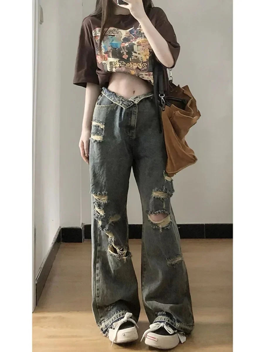 Trendy Loose-fit Wide-leg Jeans High-waisted Ripped Style European American Fashion For Women Summer 2023