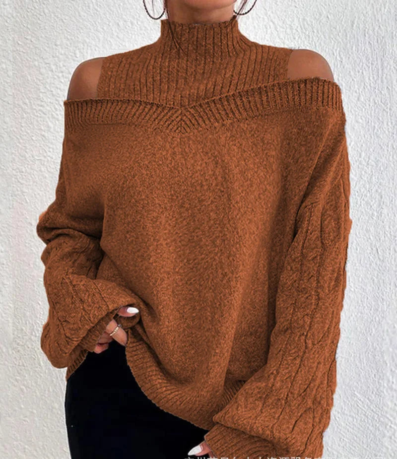 Pull tricoté à col haut pour femme, nouvelle mode d'hiver, ample, élastique, en laine, haut tricoté, épaules dénudées, élégant, style urbain