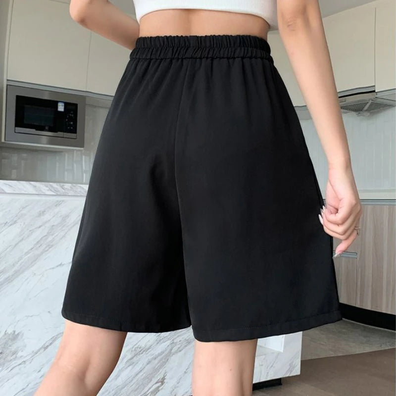 Pleated Shorts Women Baggy Summer Casual Fashion Korean Style Elegant Office Lady All-match Elastic Waist Vintage Ins Streetwear