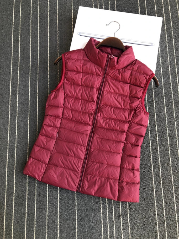 Gilet en duvet de canard blanc ultra léger à 90 % pour femme, manteau fin, veste sans manches en duvet de canard, col montant, veste pour femme