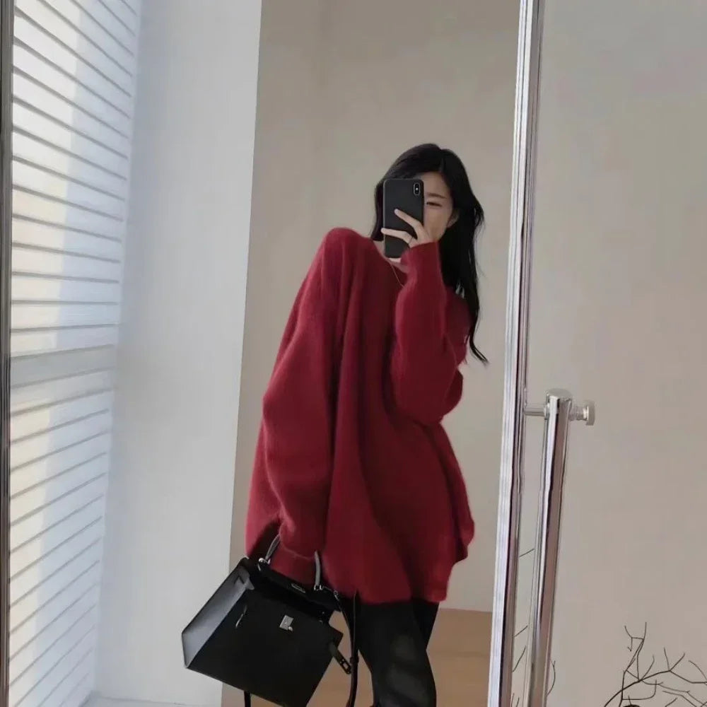 Women's Sweater Long Red Knit Tops for Woman Pullovers Autumn Winter 2024 Y2k Fashion Korea Sleeve Jersey New Collection in Cold