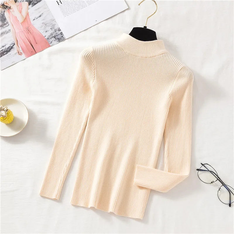 ZOKI Autumn Women Pullover Sweater Fashion Half Turtleneck Knitted Female Jumper Long Sleeve Winter Black Soft Elastic Blouse