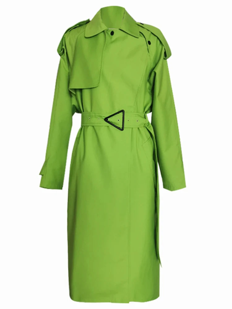 Lautaro Spring Autumn Long Oversized Bright Green Faux Leather Trench Coat for Women Belt Loose Stylish Luxury Designer Clothing