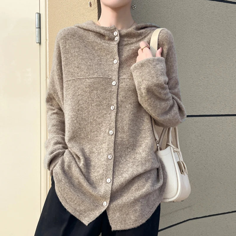 Fall/Winter 2024 new women's cardigan 100% pure wool solid color hooded collar cashmere fashion loose plus size sweater coat