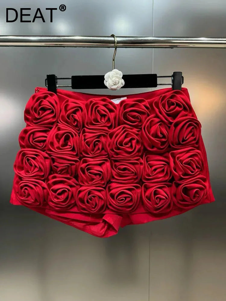 DEAT Trendy Fashion Women's 3D Flower Mini Skirts 2025 Spring New Items High Waist Wrap Hip Solid Color Skirt Female 11XX8807