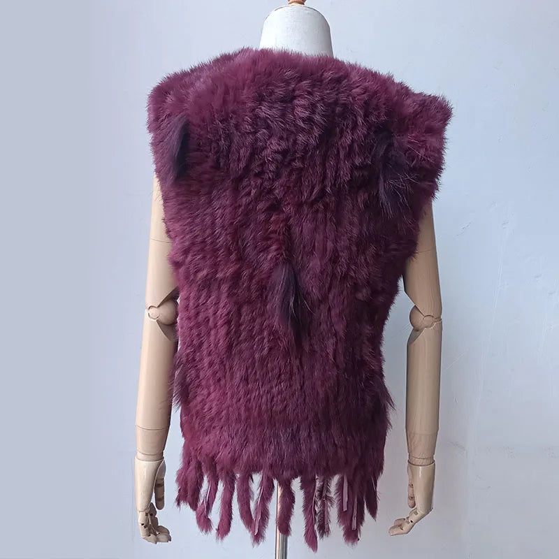 Gilet en fourrure véritable tricoté bordeaux pour femme  avec pompon et col en V, gilet moelleux en fourrure véritable, gilet en lapin naturel, offre spéciale