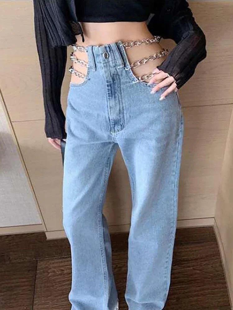 Jean sexy ajouré à chaîne pour femme, pantalon d'été en denim droit, taille haute, ample, style Harajuku, mode coréenne Y2K