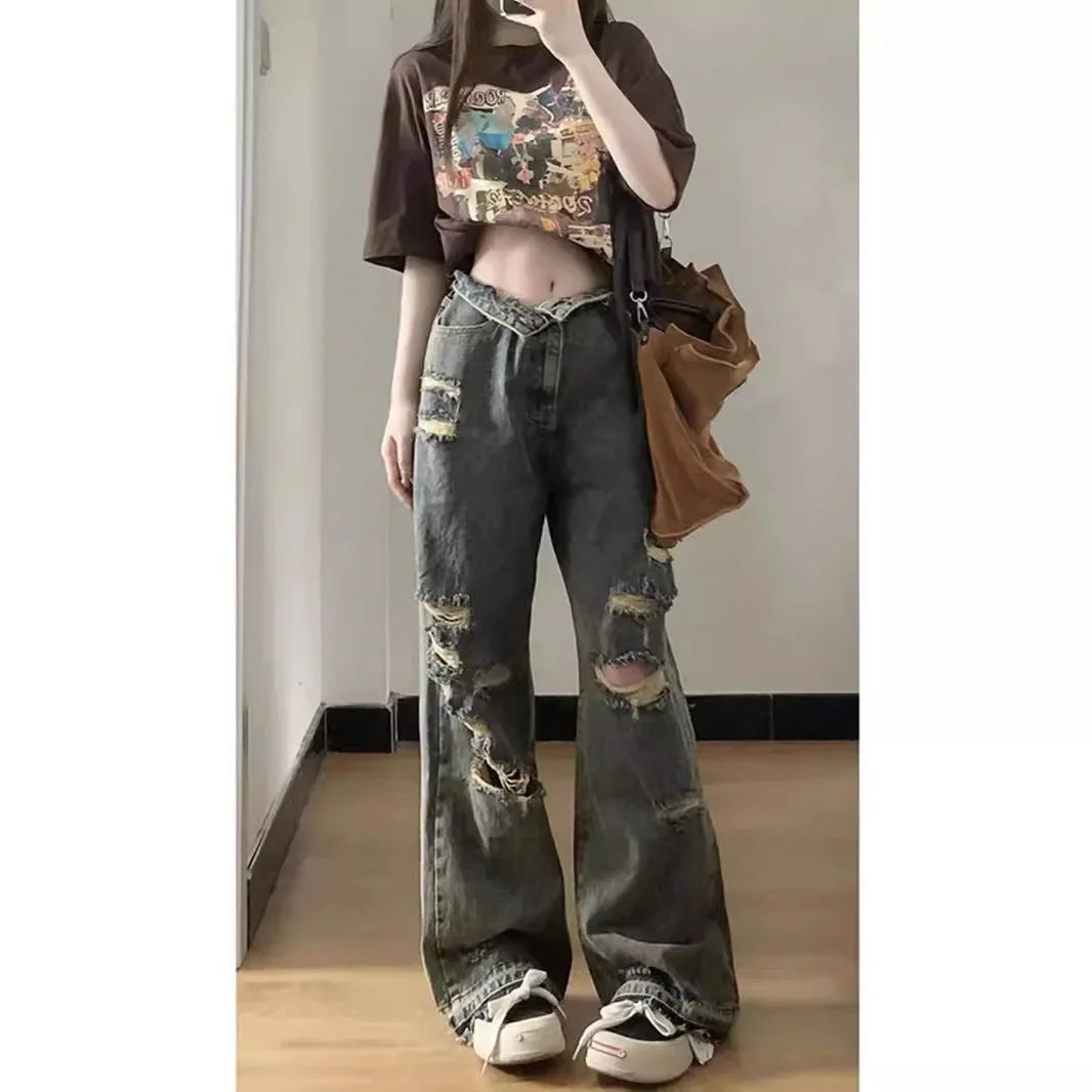 Trendy Loose-fit Wide-leg Jeans High-waisted Ripped Style European American Fashion For Women Summer 2023