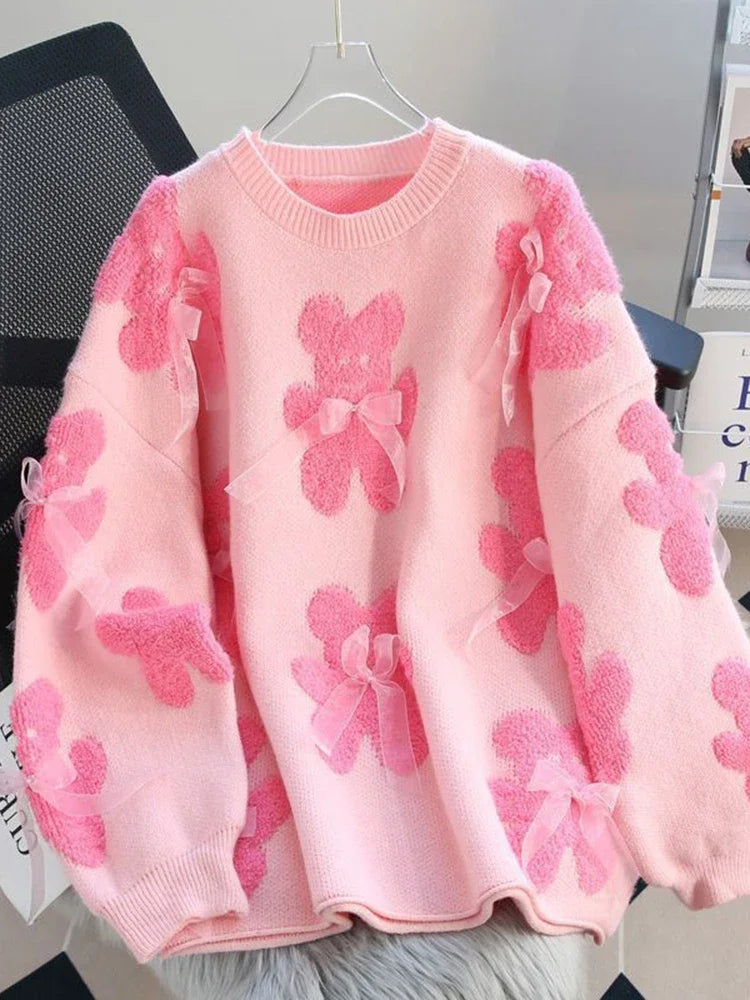 Jmprs Cute Bear Print Sweaters Women Lazy Wind Long Sleeve Bow Knitted Pullovers Korean Fashion Loose Female O Neck Sweet Tops