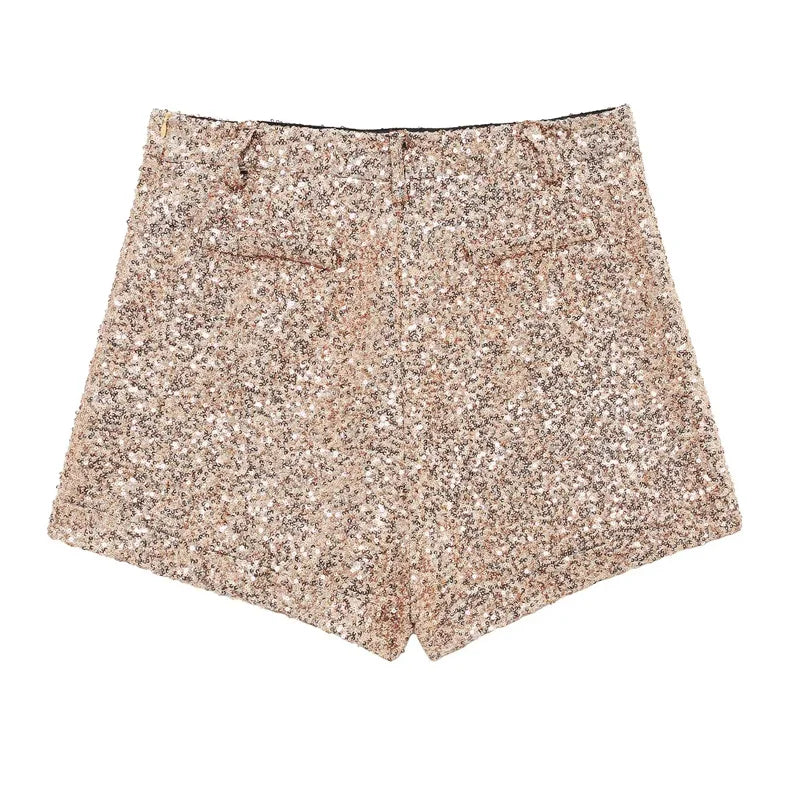 TRAF Women's Shorts Glitter Sequin Shorts For Women Mid Waist Solid Mini Short Pants Streetwear Bottoms Golden Pink Shorts Woman