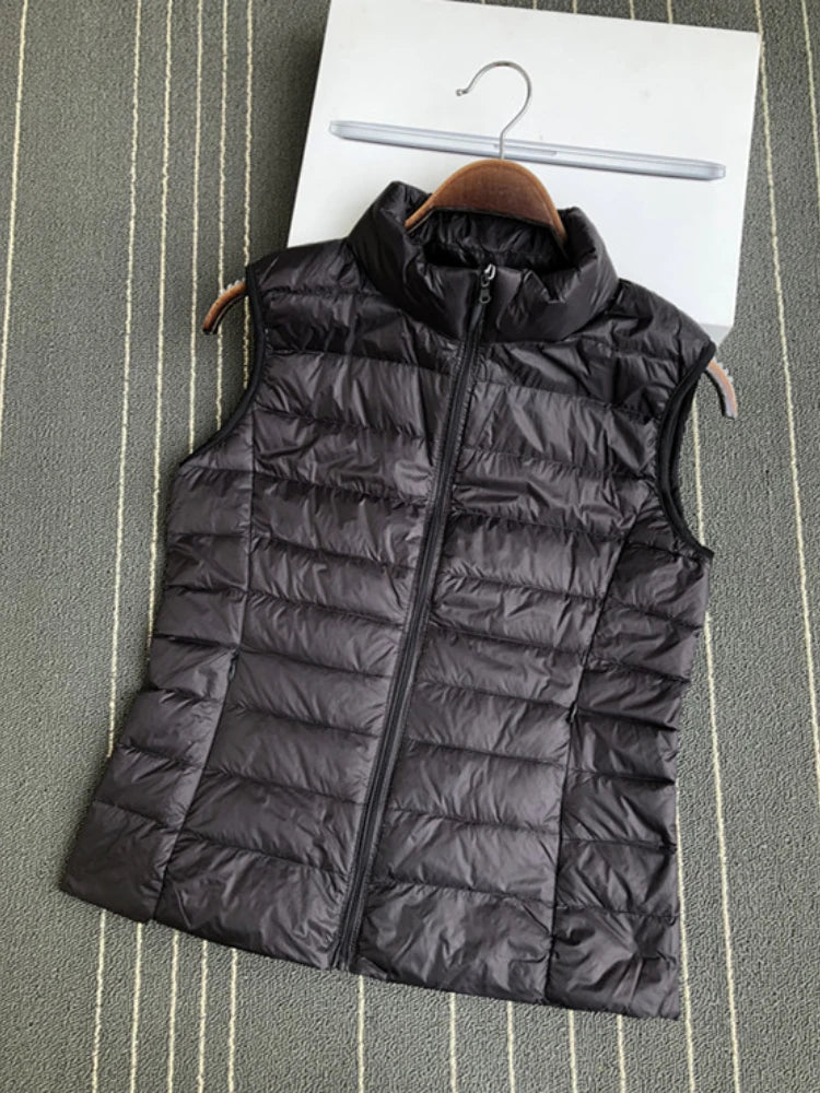 Gilet en duvet de canard blanc ultra léger à 90 % pour femme, manteau fin, veste sans manches en duvet de canard, col montant, veste pour femme