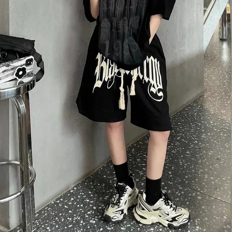 Y2K Bf Drawstring Printing Shorts Women Fashion American Style Streetwear Sports Shorts Hip Hop Loose Casual Wide Leg Shorts