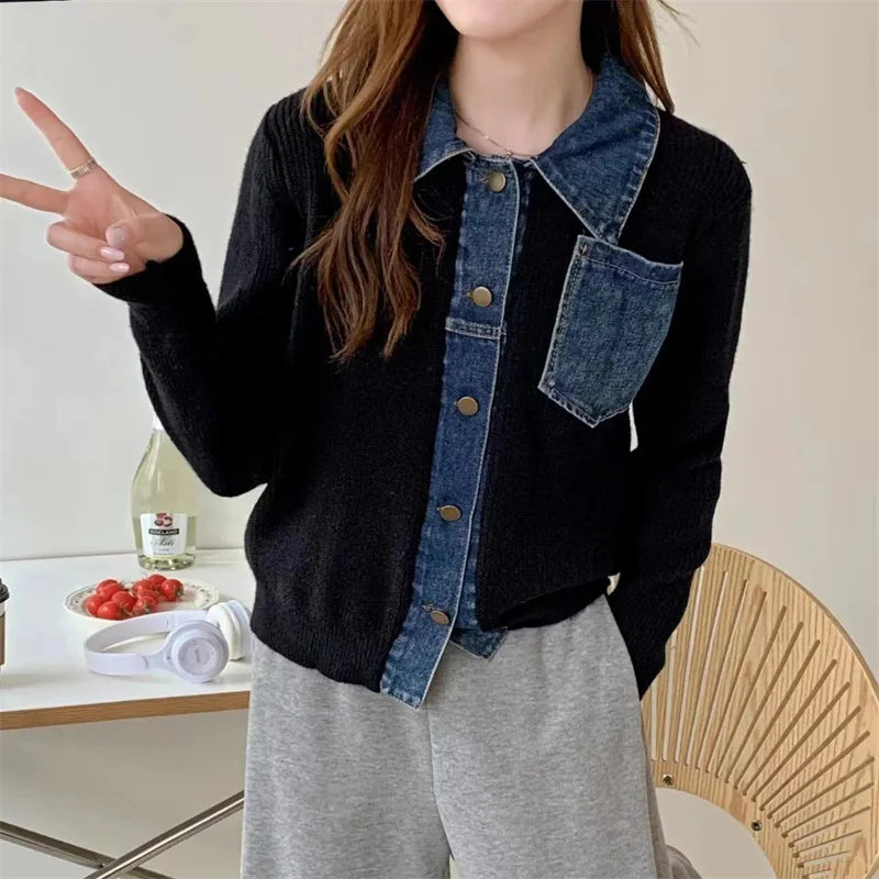 2025 Nouveau Polo Col Denim Couture Pull Femme Automne Hiver Mode Épissage Femme Pull Style Rétro Dame Veste Courte