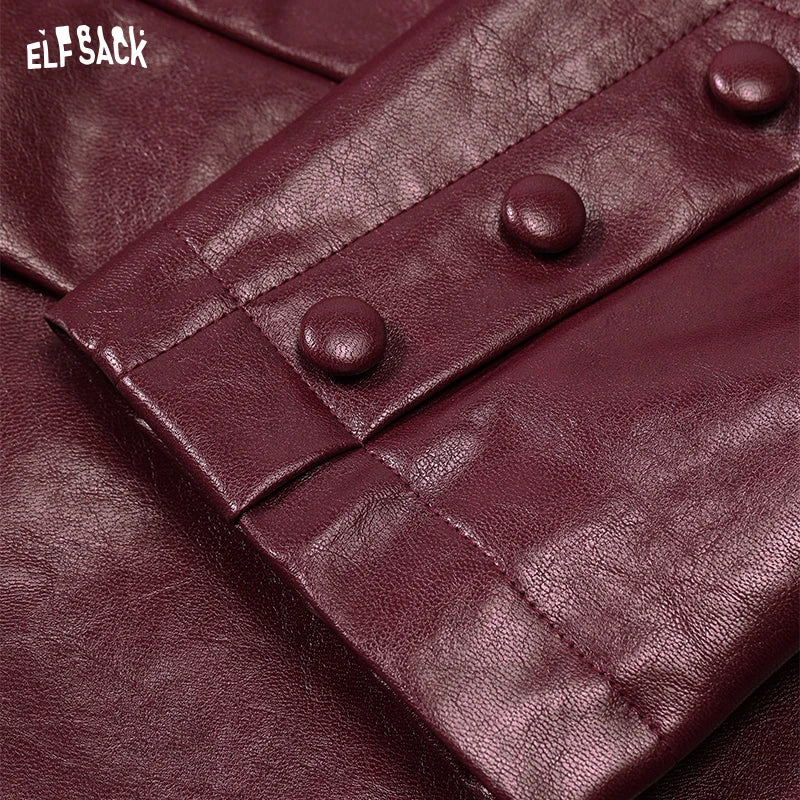 ELFSACK 2024 Autumn New Arrive Dark red PU leather suit for women, high-end retro casual jacket