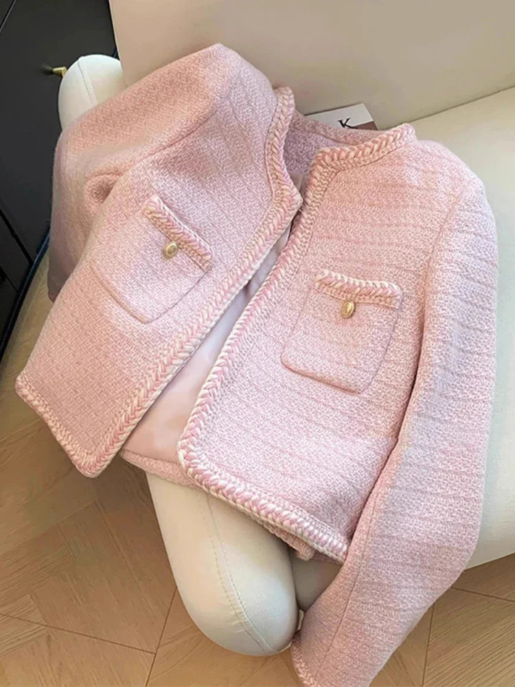 Single Breasted Elegant Cropped Coat Korean Fashion O-Neck Short Outerwear Autumn and Winter New Pink Sweet Tweed Jacket Women