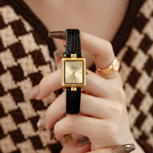 Retro Niche Design Square Rectangular Gold Dial Quartz Women's Watch Casual Brown Leather Waterproof Fashion Watch Relogio