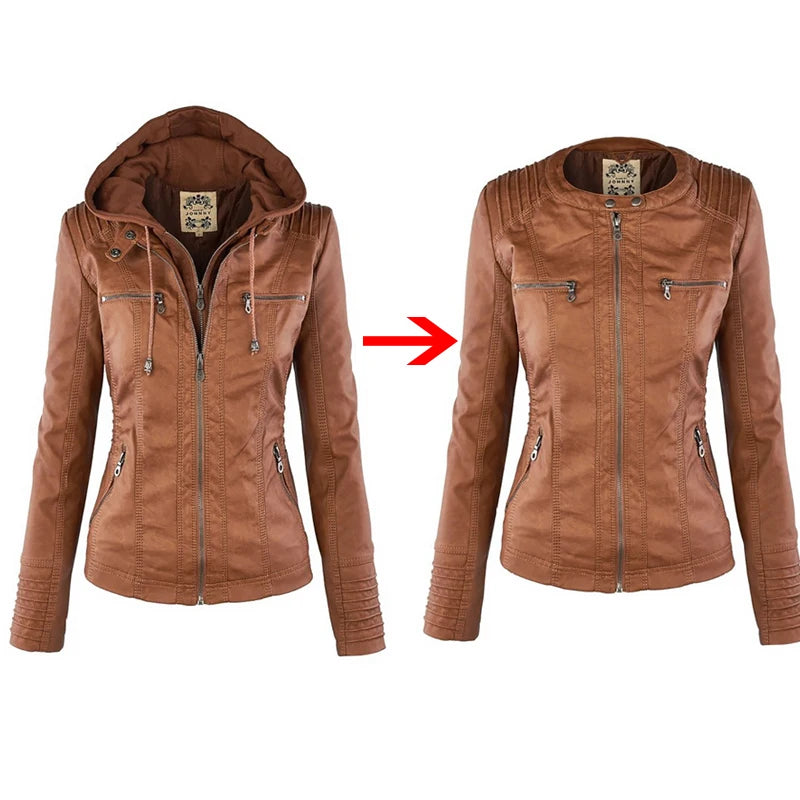 Faux Leather Jacket Women 2022 Khaki Winter Motorcycle Jacket Gothic Hoodies Outerwear Faux Leather PU Basic Jacket Coat