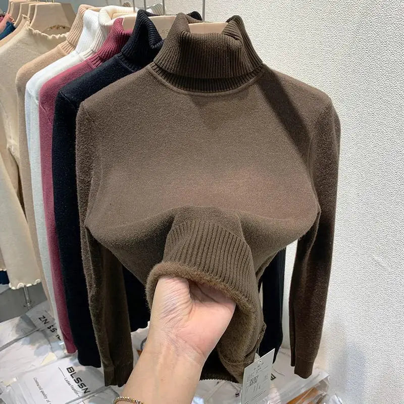 Pull épais à col haut pour femme, haut d'hiver chaud et doux, couleur unie, vêtement d'intérieur, chemise de fond, nouvelle collection