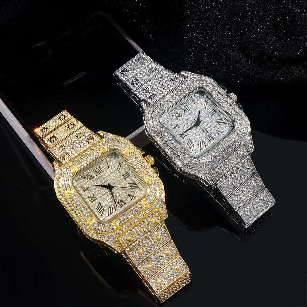 Montres à la mode entièrement glacées pour hommes et femmes, montre carrée en acier inoxydable, strass de luxe, montre à quartz carrée, cadeau de fête Hip Hop