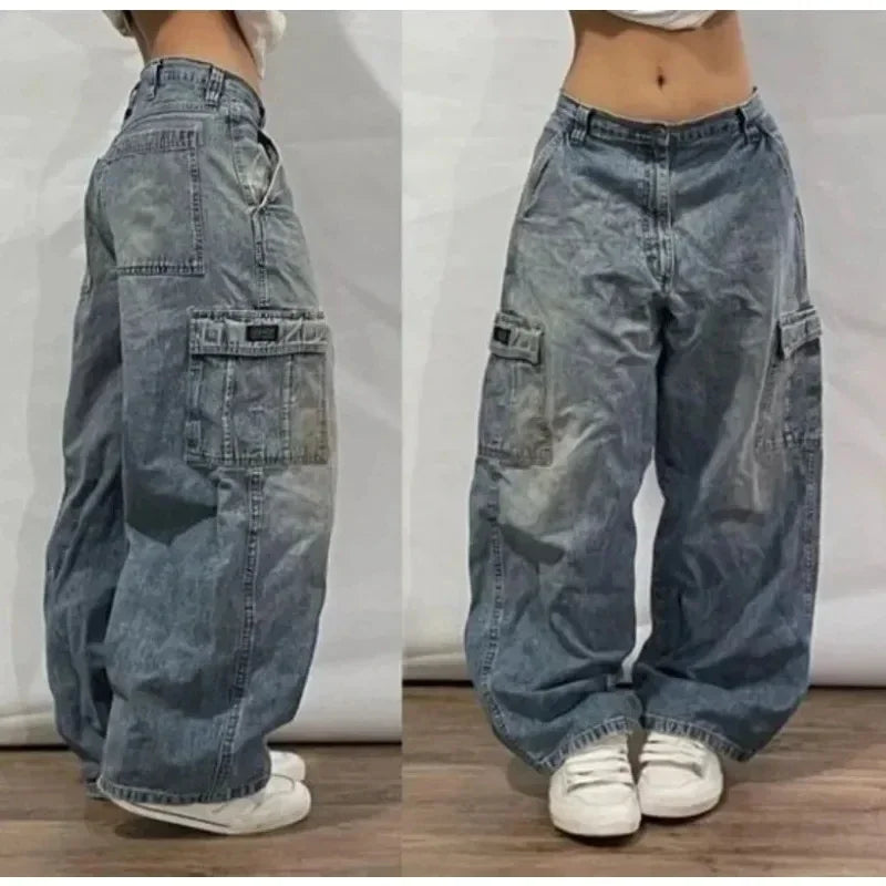 Pantalon large style hip-hop américain Y2k style gothique avec fermeture éclair et tête de mort brodée pour homme, style Harajuku, vintage, taille haute, décontracté, unisexe