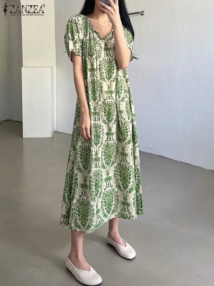 ZANZEA Puff Sleeve Loose Maxi Dress Vintage Printing Summer Vestidos Women Lace Up O-neck Robe Fashion Casual Holiday Dresses