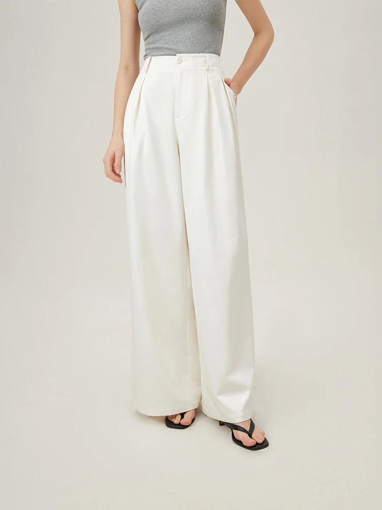 FSLE Women Full Length Summer Pants Commuter Wide Leg White Long Trousers Pleated Design Female Khaki Loose Thin Pant 24FS12900