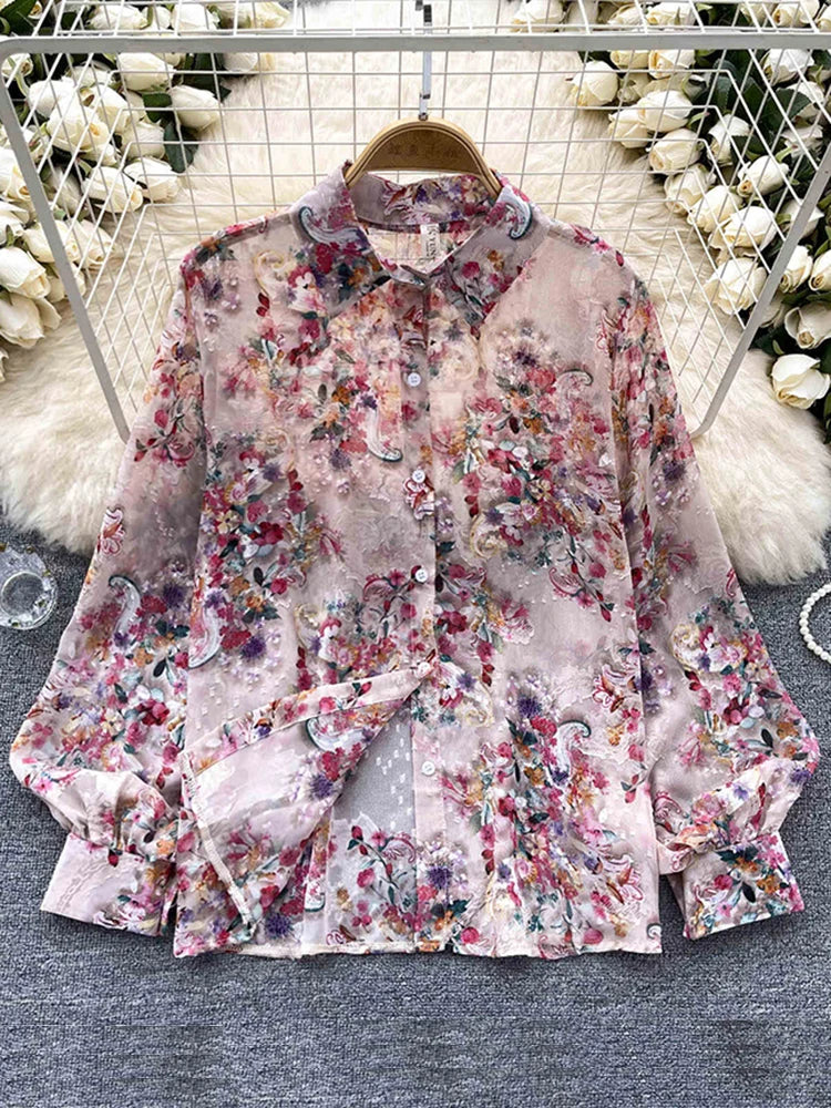 Spring Autumn Temperament Fashion Retro Chiffon Floral Blouses Print Loose Lapel Puff Sleeve Top Button Up Shirt Female GD611