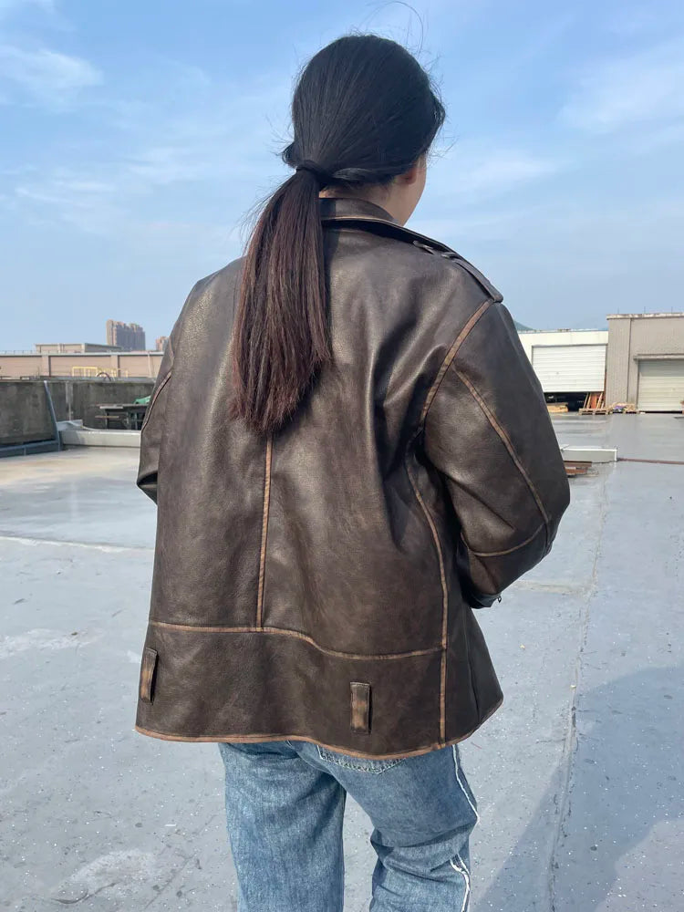 RR2478 Streetwear Worn Effect Bike Leather Jackets For Women Oversized Boyfriend PU Leather Jacket Women Loose Zipper Brown Coat