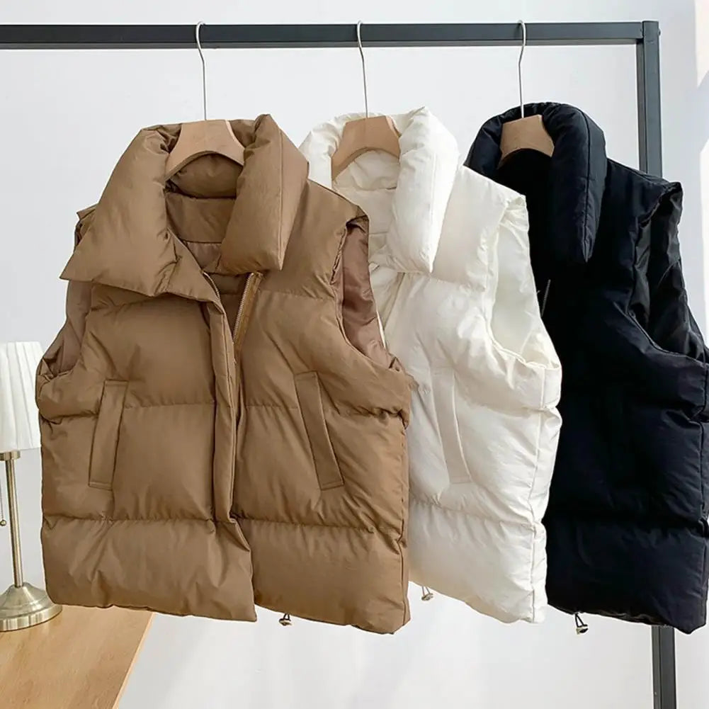 Gilet matelassé d'hiver en coton à col montant, confortable, simple, couleur unie, polyvalent, rembourré, avec cordon de serrage, vêtements pour femmes