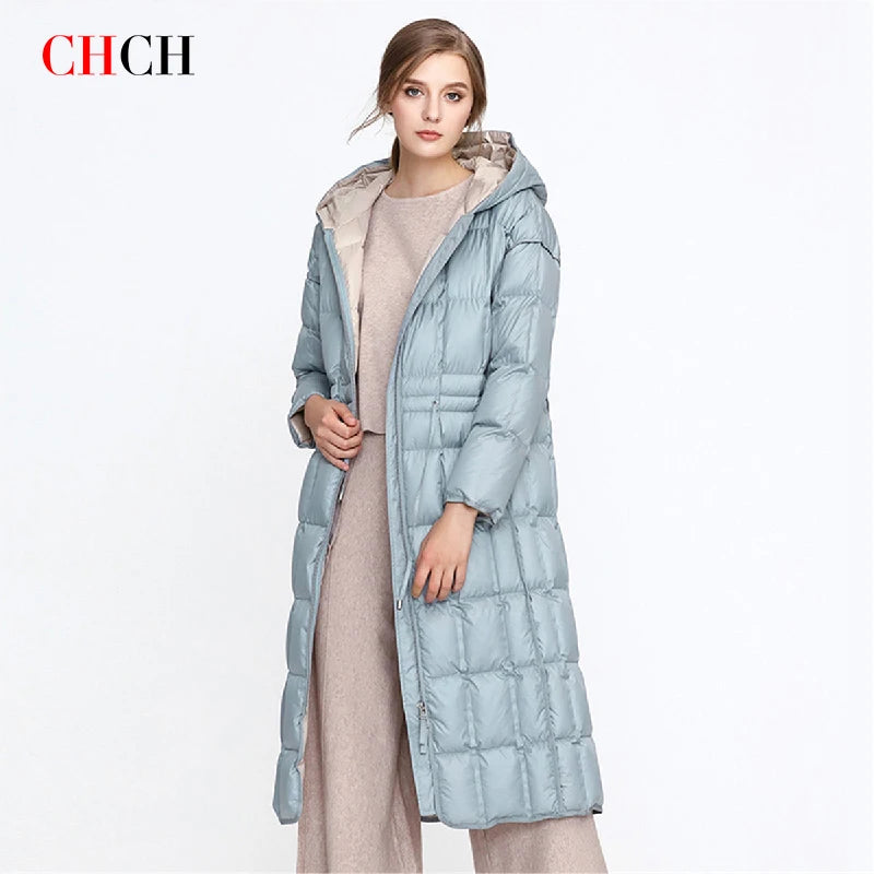 CHCH Automne Nouveau Manteau En Duvet Pour Femme Longue Veste Bouffante Épaissi À Capuche Parka D'hiver en tissu