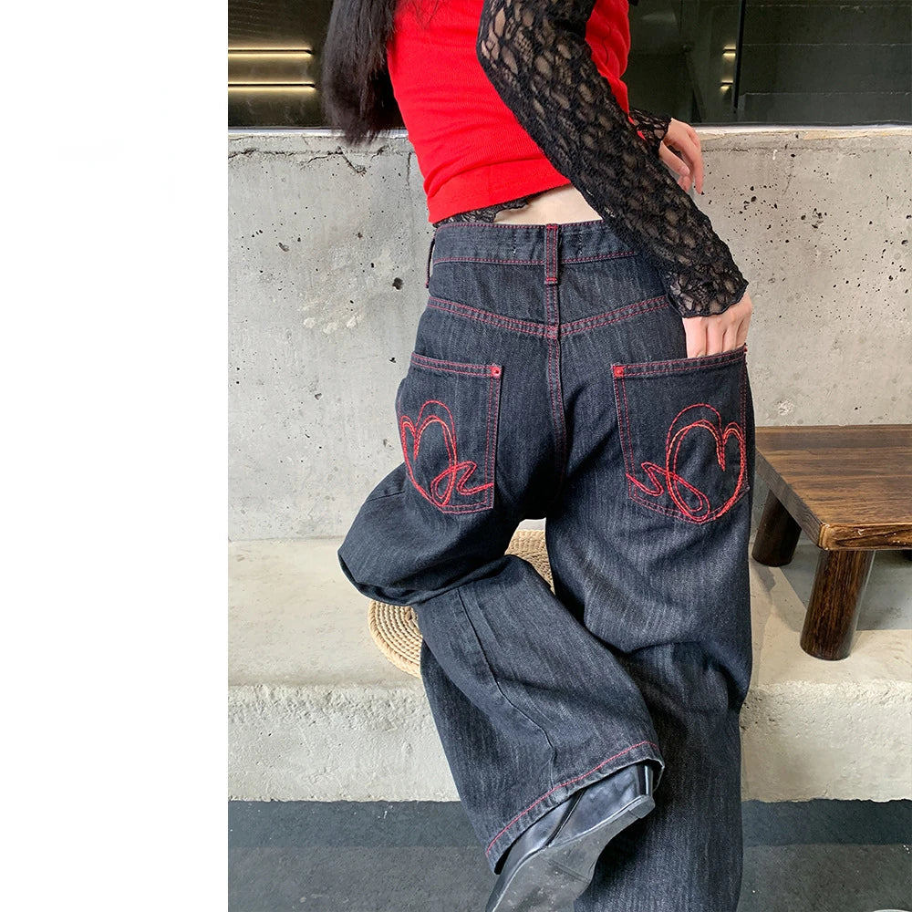 Love Embroidery Baggy Jeans Women Clothes Street Fashion Hip Hop Vintage High Waisted Jeans Woman Loose Casual Women Jeans