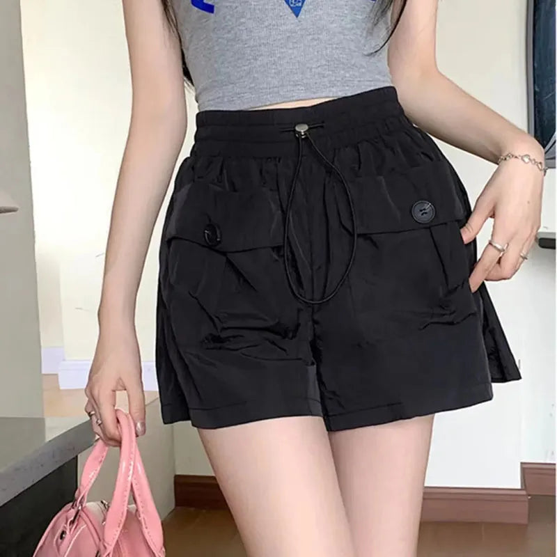 Y2K Fashion Street Cargo Shorts Women Summer Loose High Waist Drawstring Sports Pants Ladies Korean Casual Wide Leg Pants New