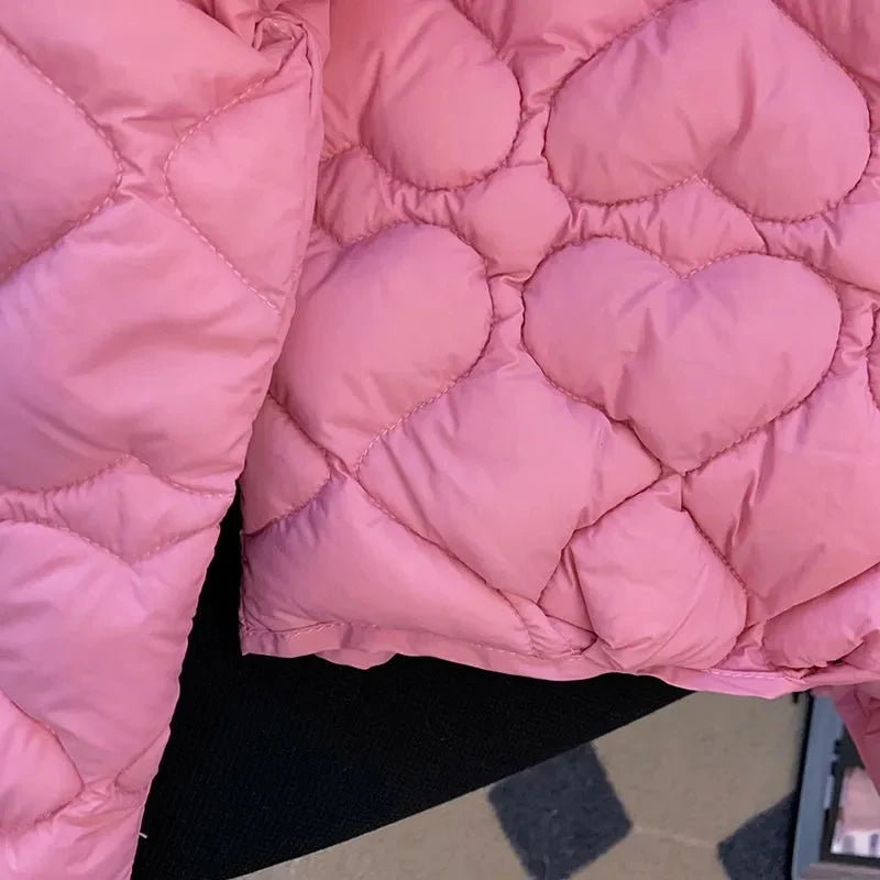 Winter Ultralight Casual Long Sleeve Zipper Short Coat Street Fashion Outerwear Women's Pink Love Design Cotton Padded Jacket