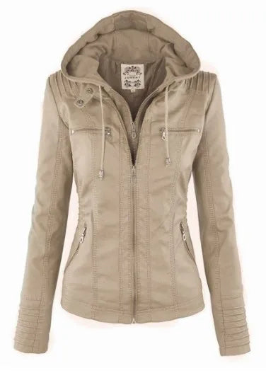 Faux Leather Jacket Women 2022 Khaki Winter Motorcycle Jacket Gothic Hoodies Outerwear Faux Leather PU Basic Jacket Coat