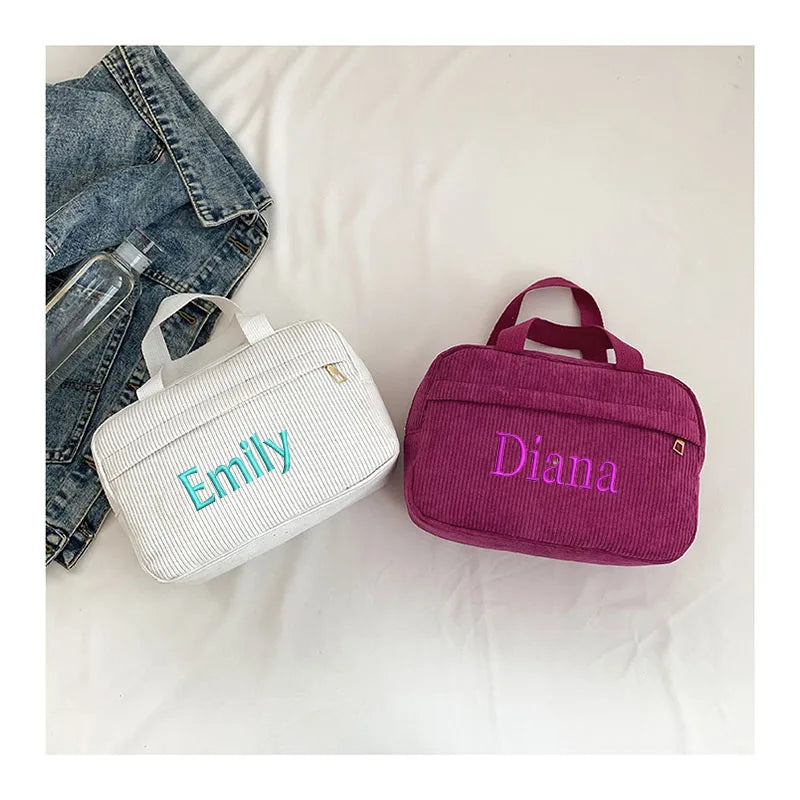 Personalized embroidery corduroy fashion make-up bag multi-functional portable travel storage bag leisure handbag