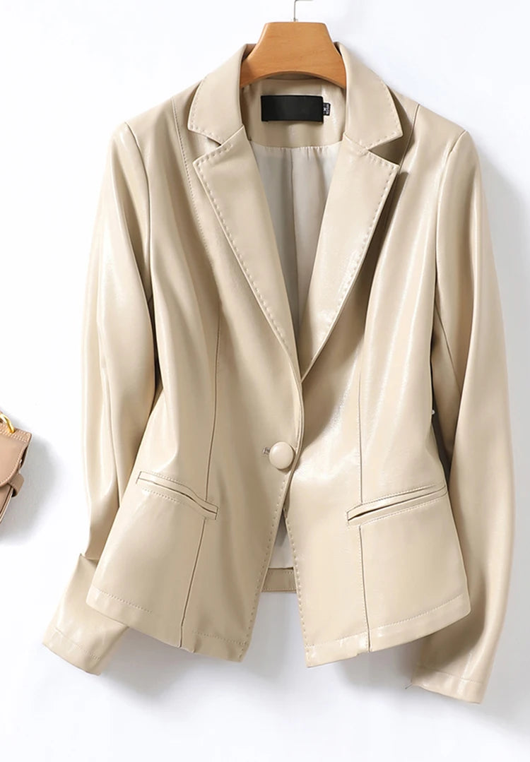 Women Casual Office Blazer Faux Leather Suit Jacket Spring Autum PU Sheepskin Coat Female Slim Single Buckle Lady Outerwear