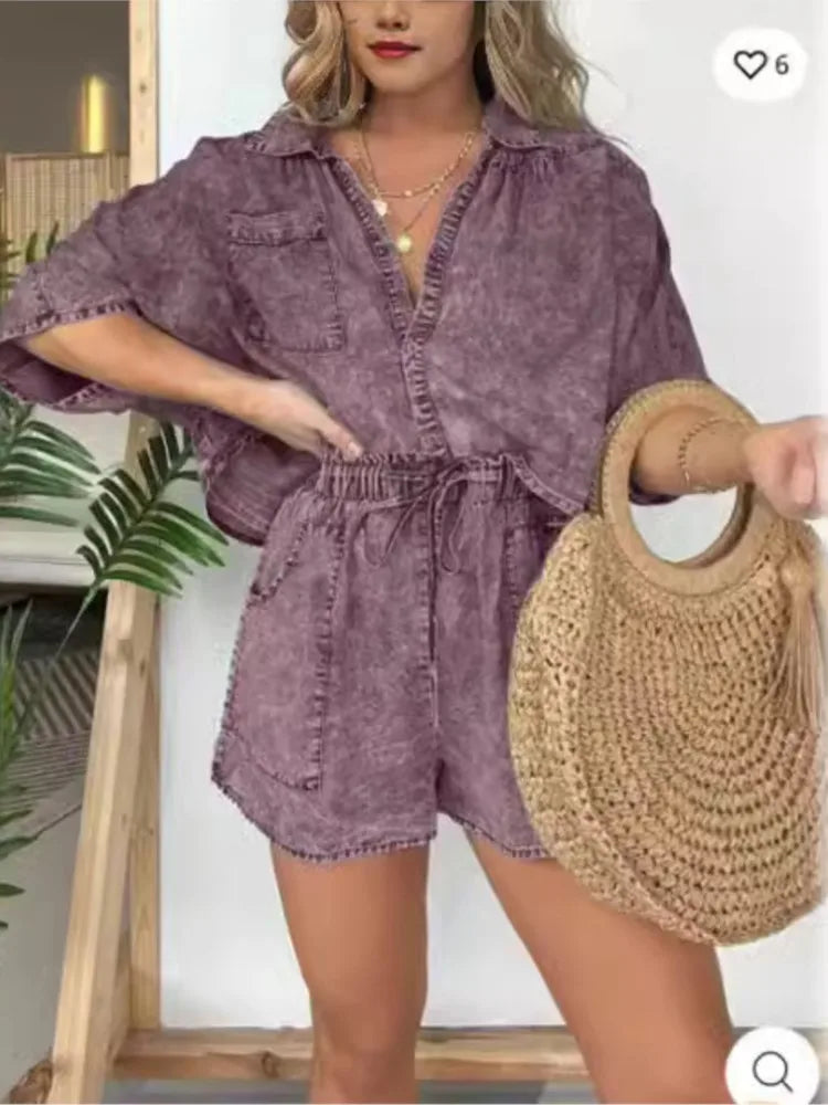 Fashion Vintage Denim Blue Shorts Suit For Women Summer New Simple Fashion Pocket String Casual Loose Tops 2 Piece Set Female