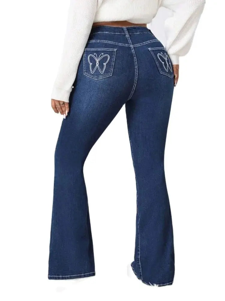 Nouvelles Femmes Taille Haute Boot Cut Jeans Mode Slim Fit Stretch Papillon Brodé Flare Jeans Pantalon Skinny