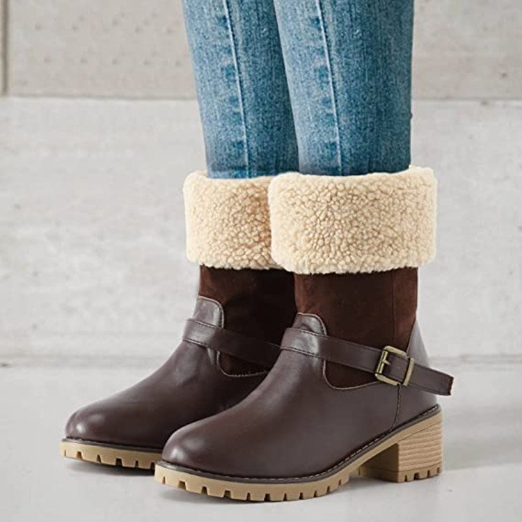 Bottes à la mode avec boucle, chaussures à talons épais, bottes occidentales chaudes d'hiver à bout rond pour femmes