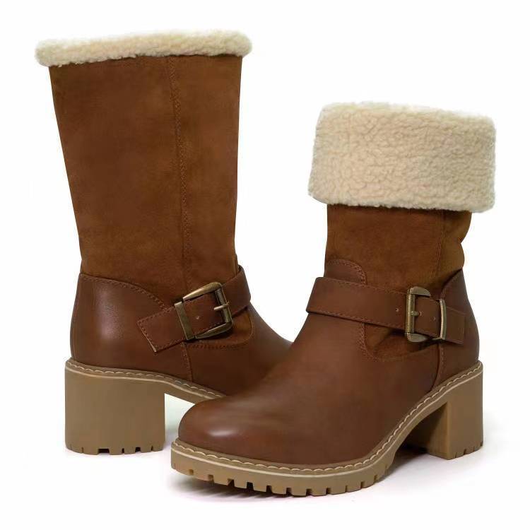 Bottes à la mode avec boucle, chaussures à talons épais, bottes occidentales chaudes d'hiver à bout rond pour femmes