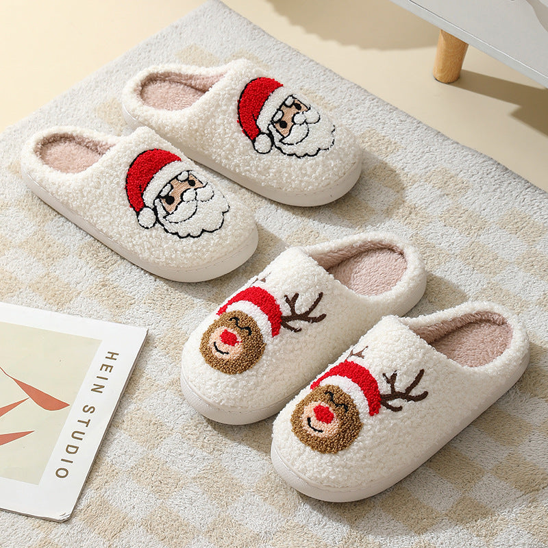 Pantoufles de Noël mignonnes en coton avec dessin animé du Père Noël pour femmes et hommes, chaussures d'hiver chaudes en fourrure