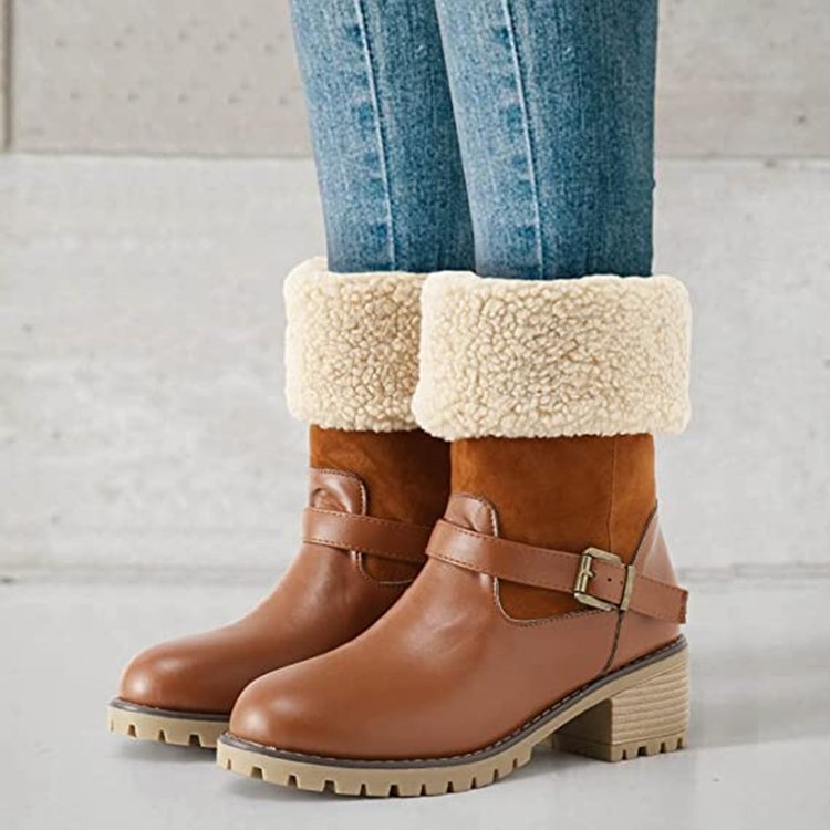 Bottes à la mode avec boucle, chaussures à talons épais, bottes occidentales chaudes d'hiver à bout rond pour femmes