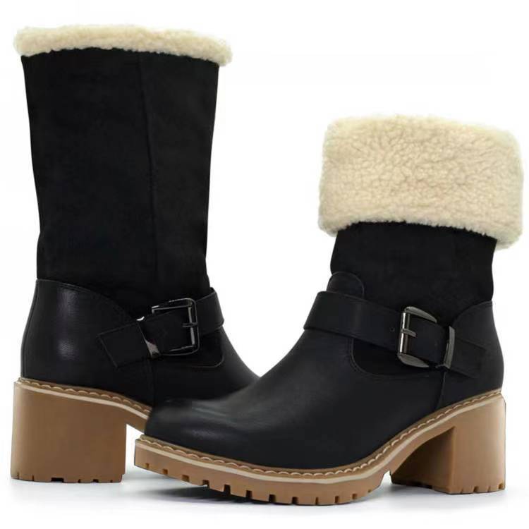 Bottes à la mode avec boucle, chaussures à talons épais, bottes occidentales chaudes d'hiver à bout rond pour femmes